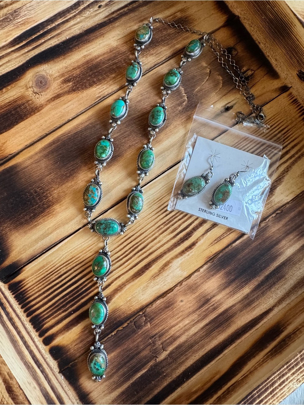 Native American Cactus Moon Turquoise Lariat Necklace and Earrings Set